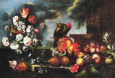 Flowers, Fruit and a parrot, unknow artist